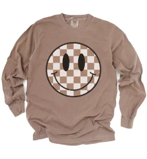 Comfort Colors Long Sleeve Espresso Smiley Checkered Shirt