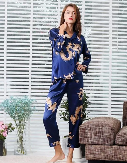 Couple Silk Satin Pajamas Pyjamas Set Long Sleeve Sleepwear Pijama Pajamas Suit Women And Man Sleep 2PC Set Loungewear Plus Size