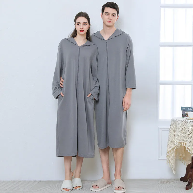 Cozy Hooded Zip Bathrobe Set for Couples - Lightweight Pajamas