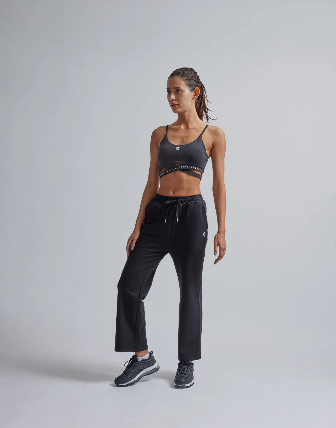 CRONOS WOMEN HIP LOGO FLARE PANTS【BLACK】