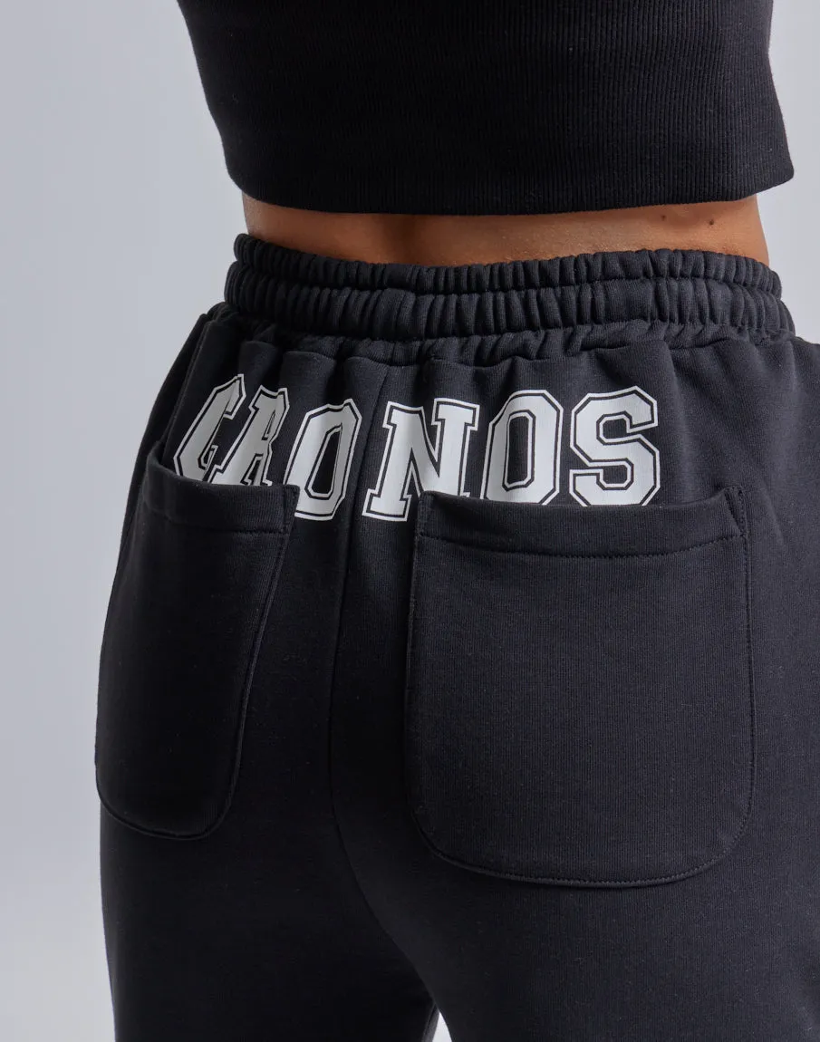CRONOS WOMEN HIP LOGO FLARE PANTS【BLACK】
