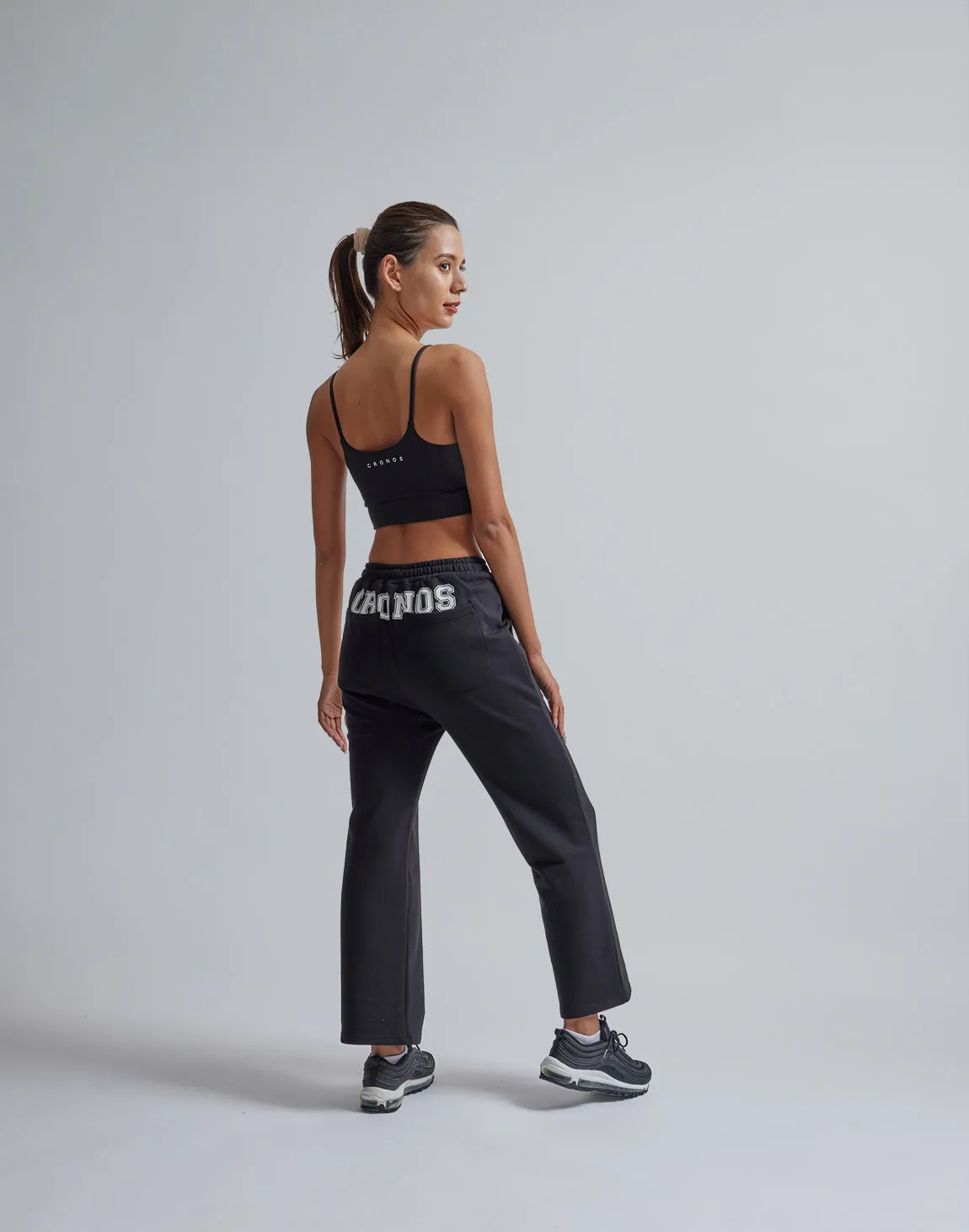 CRONOS WOMEN HIP LOGO FLARE PANTS【BLACK】