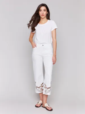 Crop Flare Leg Jeans with Laser Cut Lace Hem