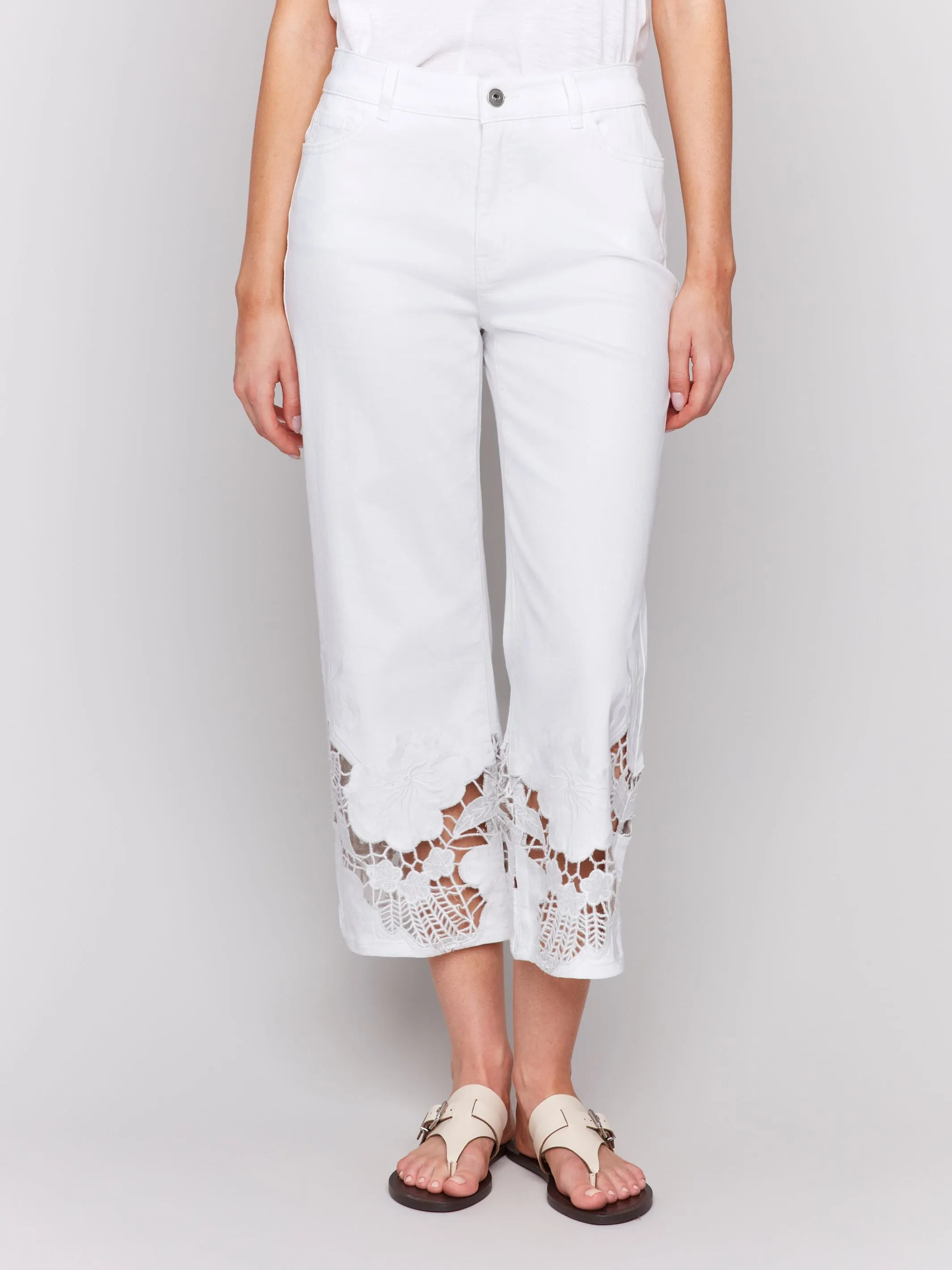Crop Flare Leg Jeans with Laser Cut Lace Hem