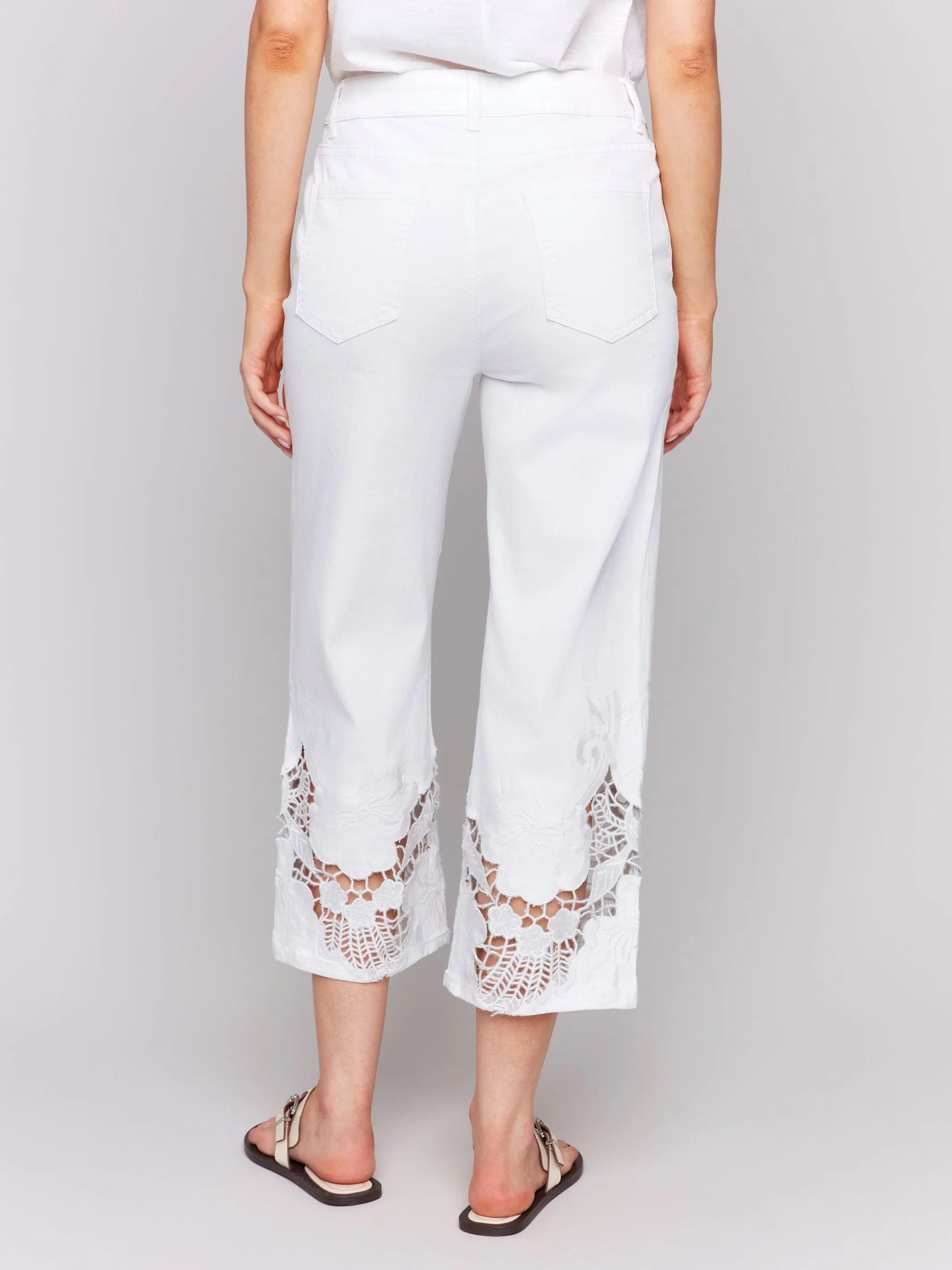 Crop Flare Leg Jeans with Laser Cut Lace Hem