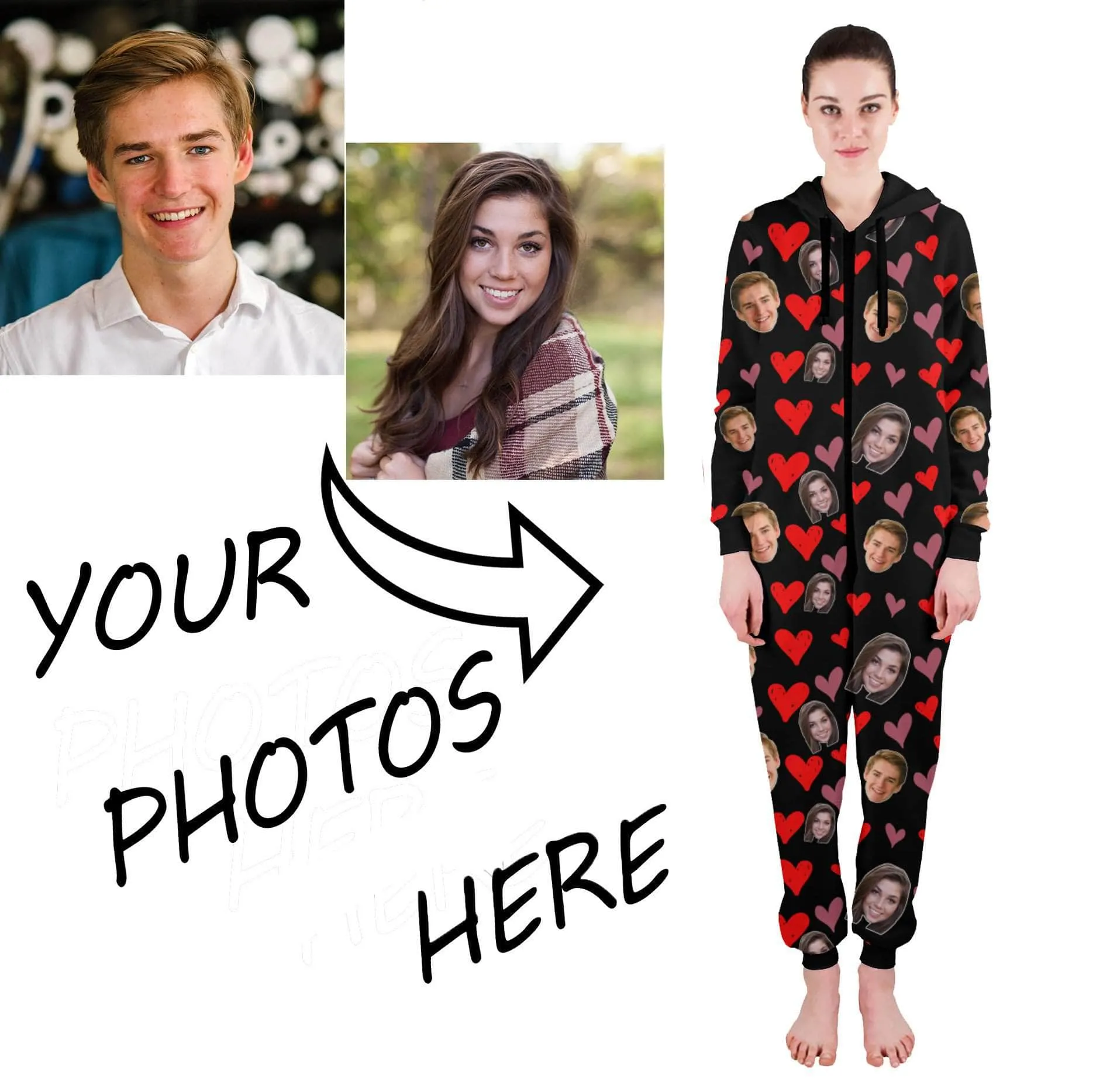 Custom Adult Onesie Pajamas | Personalized Special Love Hearts / Lips Jumpsuit Pajamas