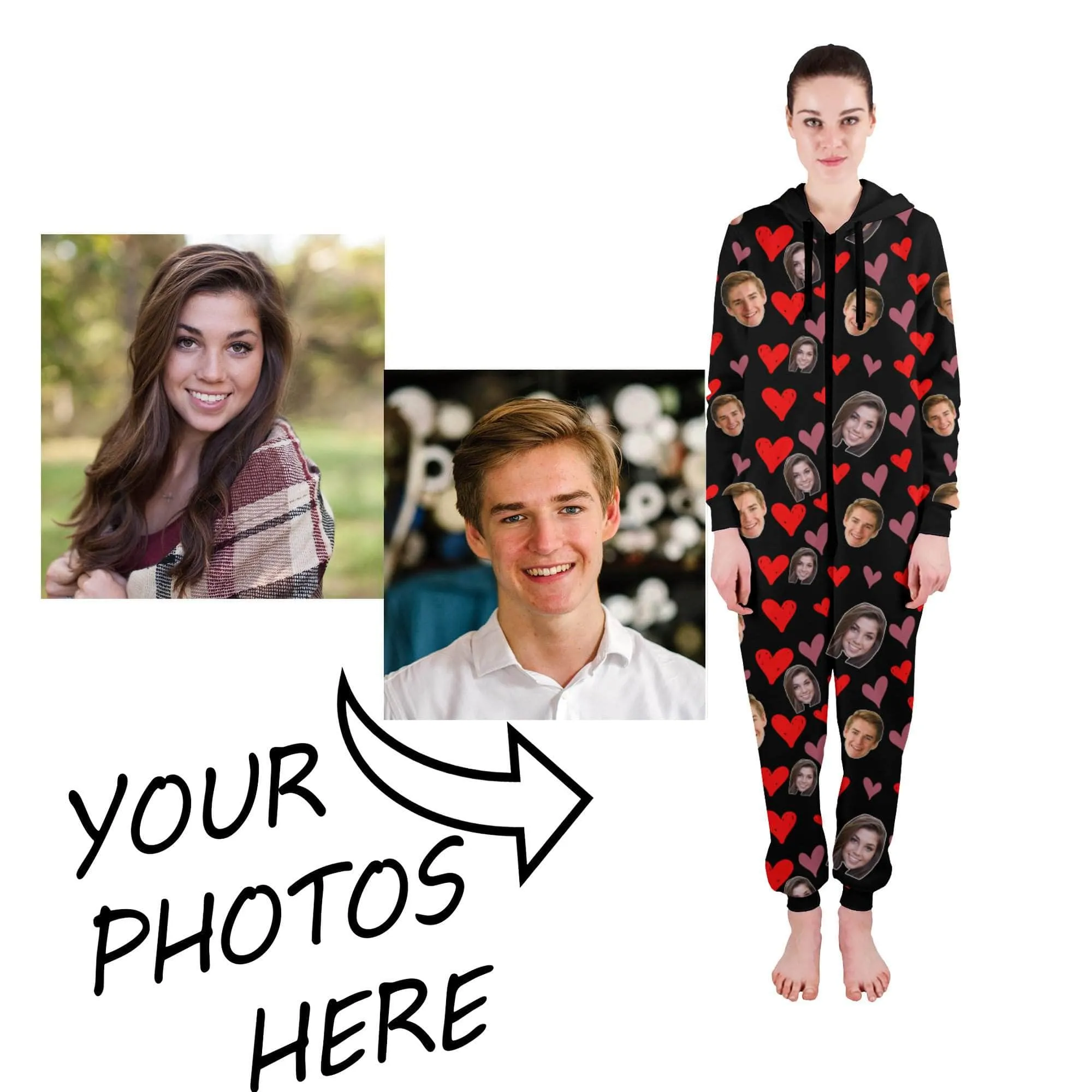 Custom Adult Onesie Pajamas | Personalized Special Love Hearts / Lips Jumpsuit Pajamas