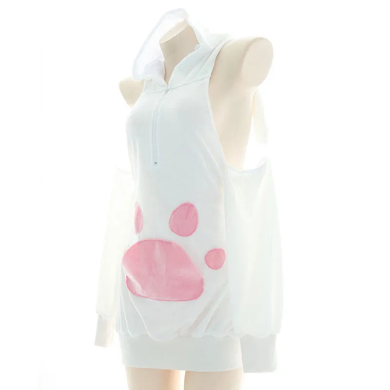 Cute Hooded Bunny Cat Paw Plush Pajamas Suit UB3410