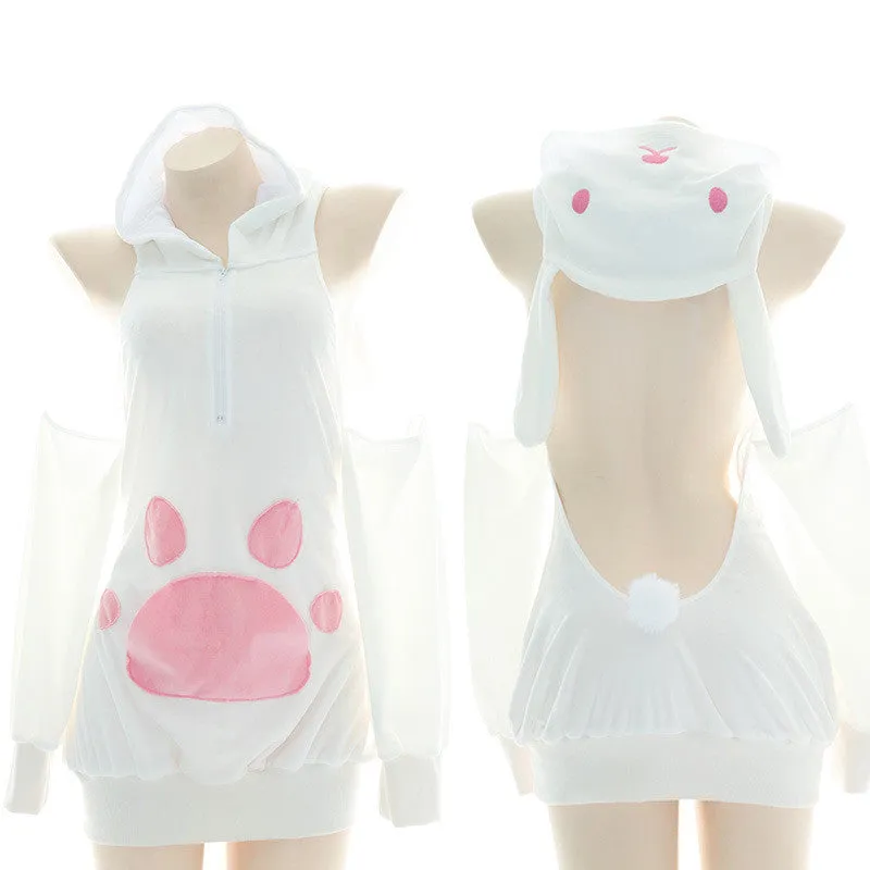 Cute Hooded Bunny Cat Paw Plush Pajamas Suit UB3410