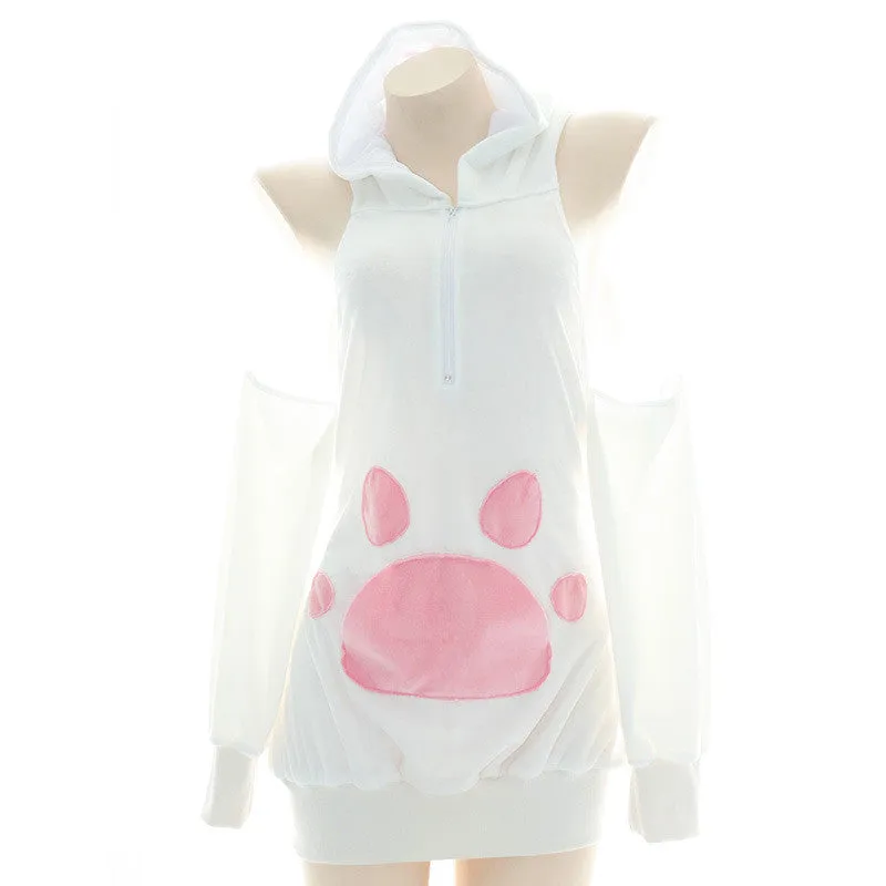 Cute Hooded Bunny Cat Paw Plush Pajamas Suit UB3410