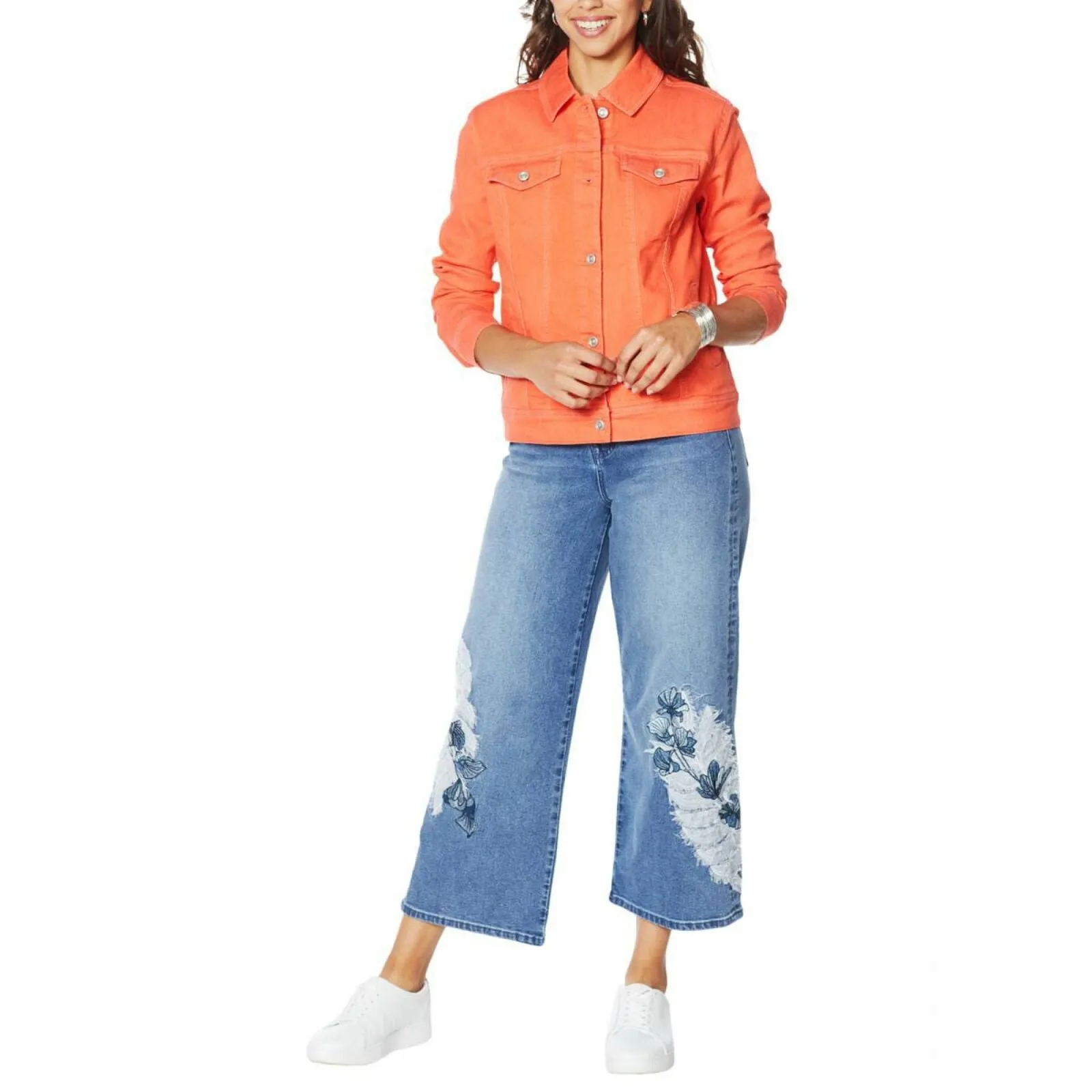 DG2 by Diane Gilman Women's Plus Size Leaf Embroidered Trucker Jean Jacket