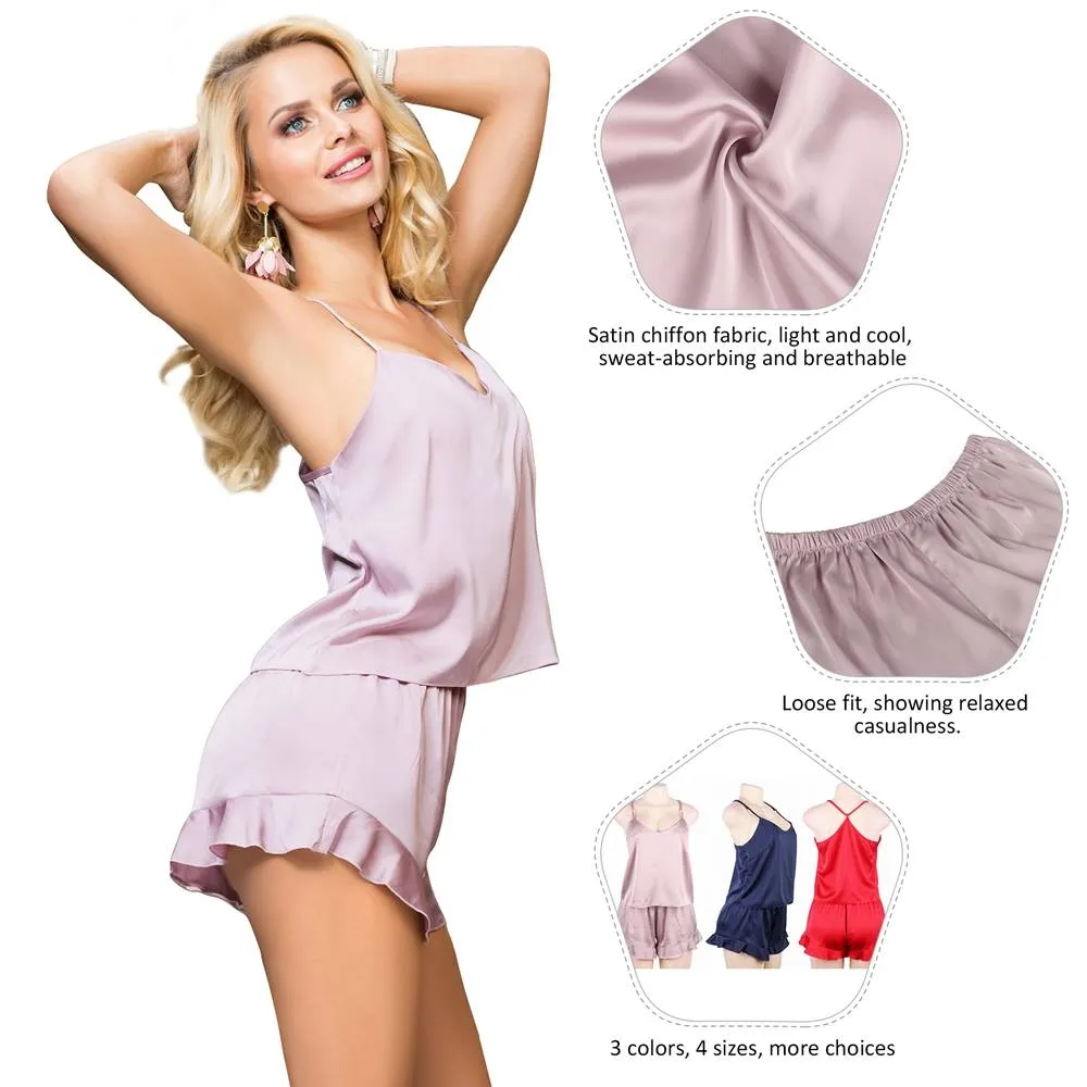 Elegant Ice Silk Strap Shorts 2 Piece Pajama Set