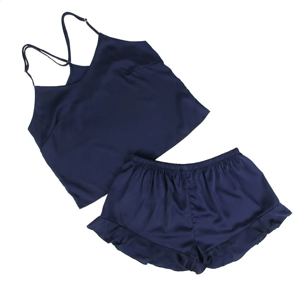 Elegant Ice Silk Strap Shorts 2 Piece Pajama Set