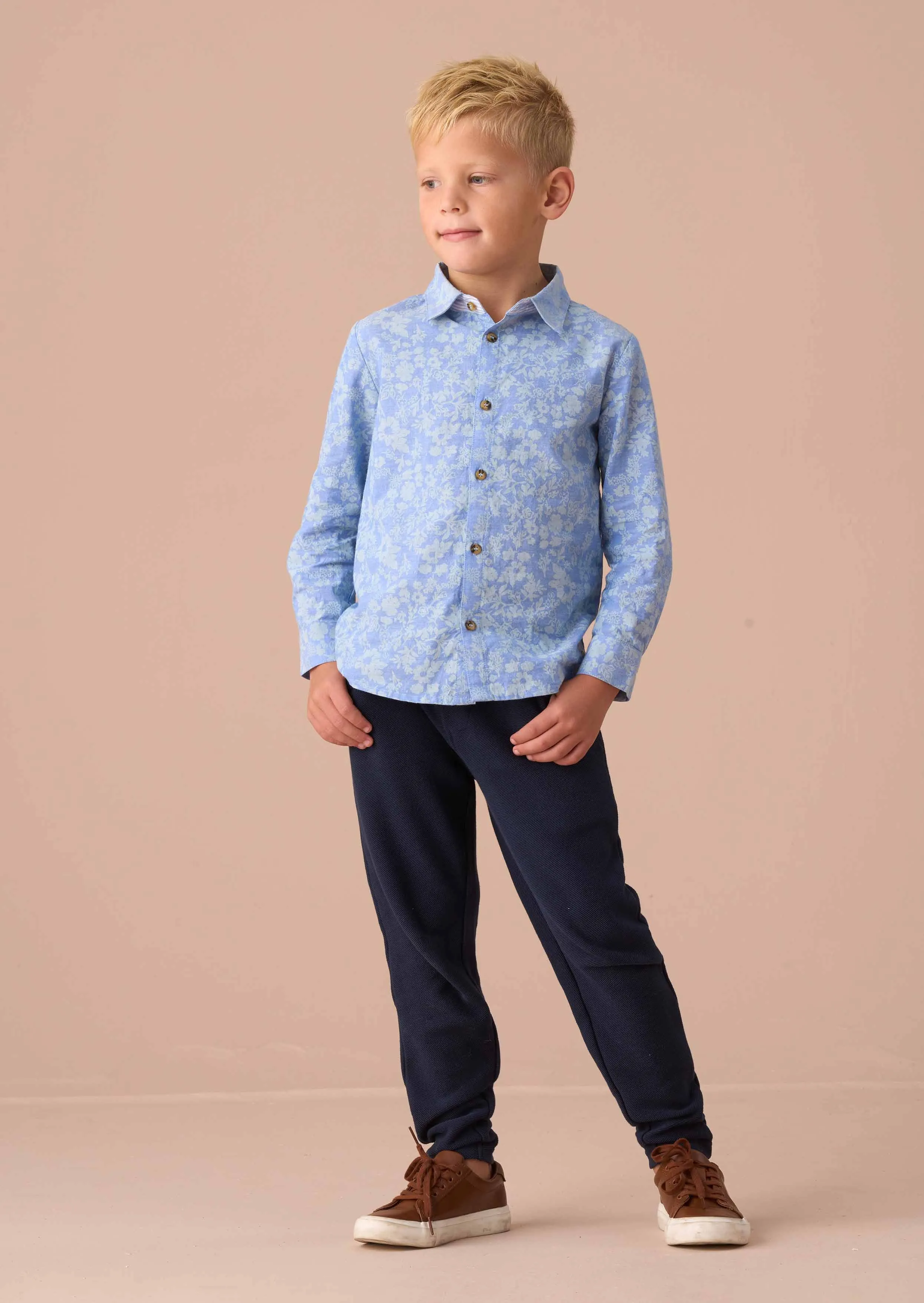 Faes Blue Chambray Floral Printed Shirt