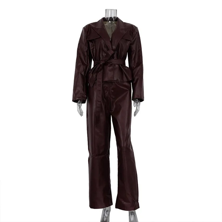 Faux Leather Belted Blazer and Pants Set
