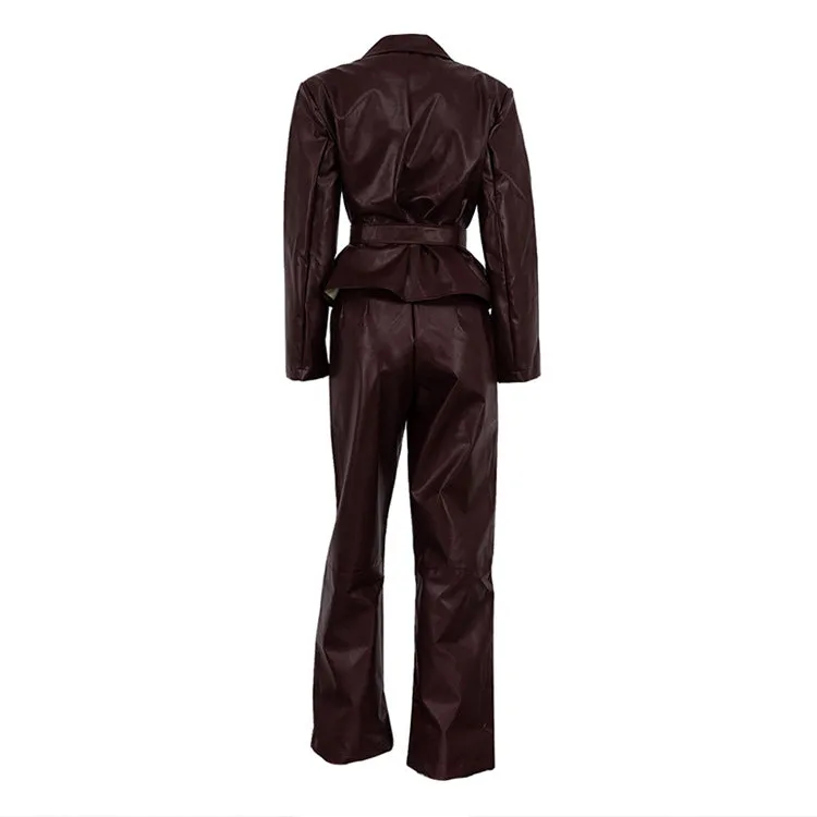 Faux Leather Belted Blazer and Pants Set