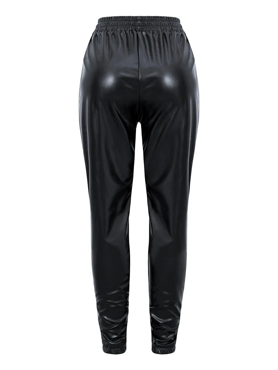 Faux Leather Drawstring Pants PU Vintage Slim Stretchy Solid Basic Trousers