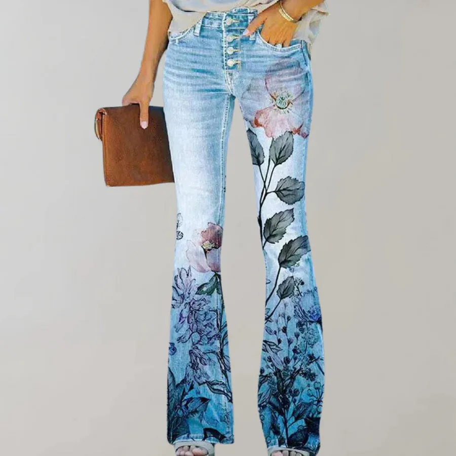 Floral Design Denim Flare Pants for Women