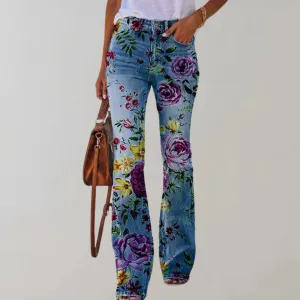 Floral Design Denim Flare Pants for Women
