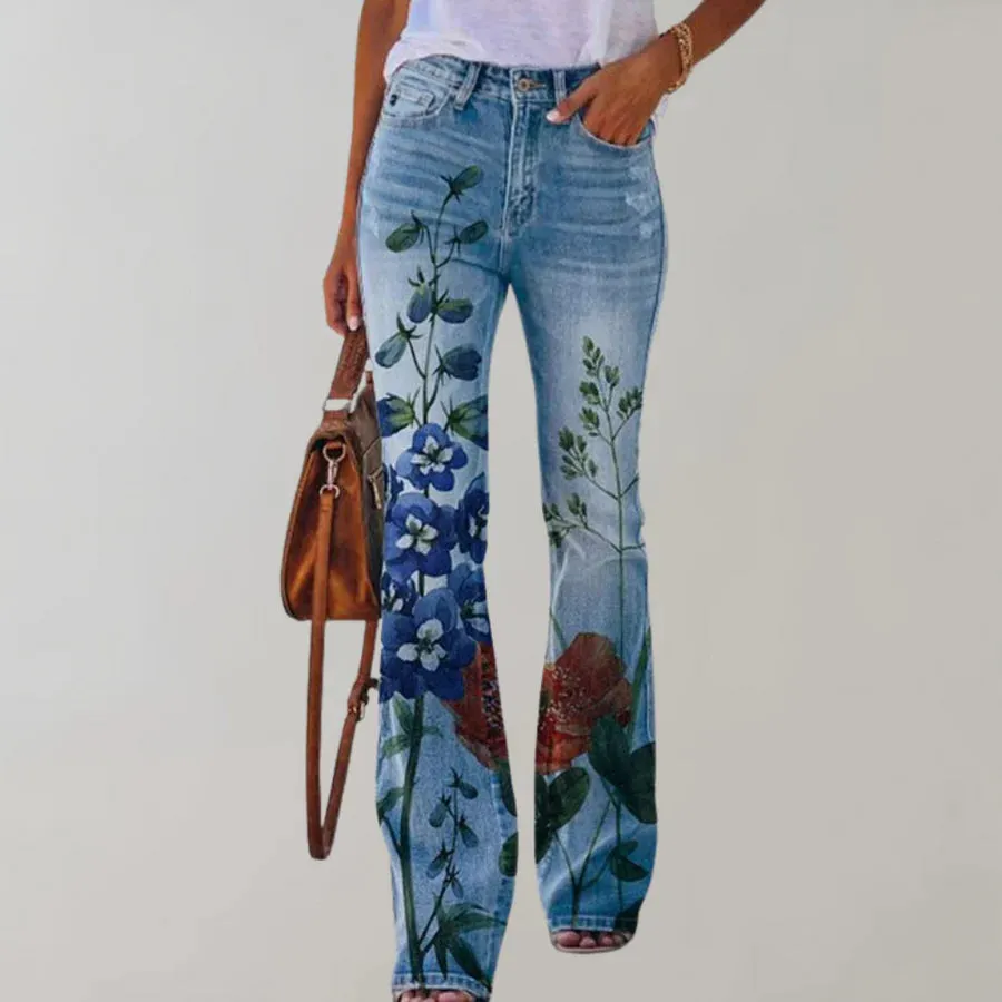 Floral Design Denim Flare Pants for Women