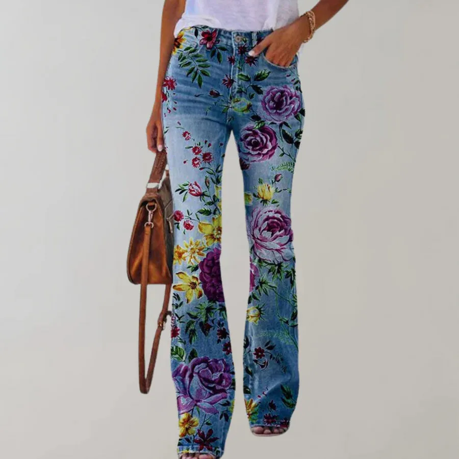 Floral Design Denim Flare Pants for Women