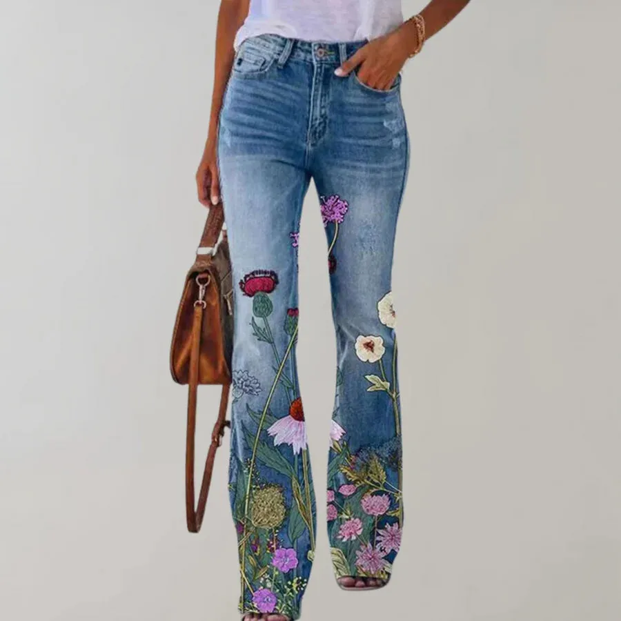 Floral Design Denim Flare Pants for Women