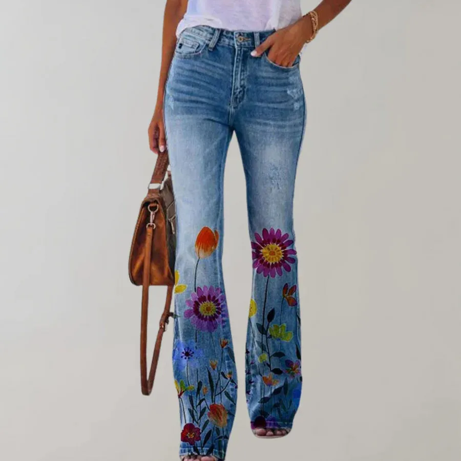Floral Design Denim Flare Pants for Women