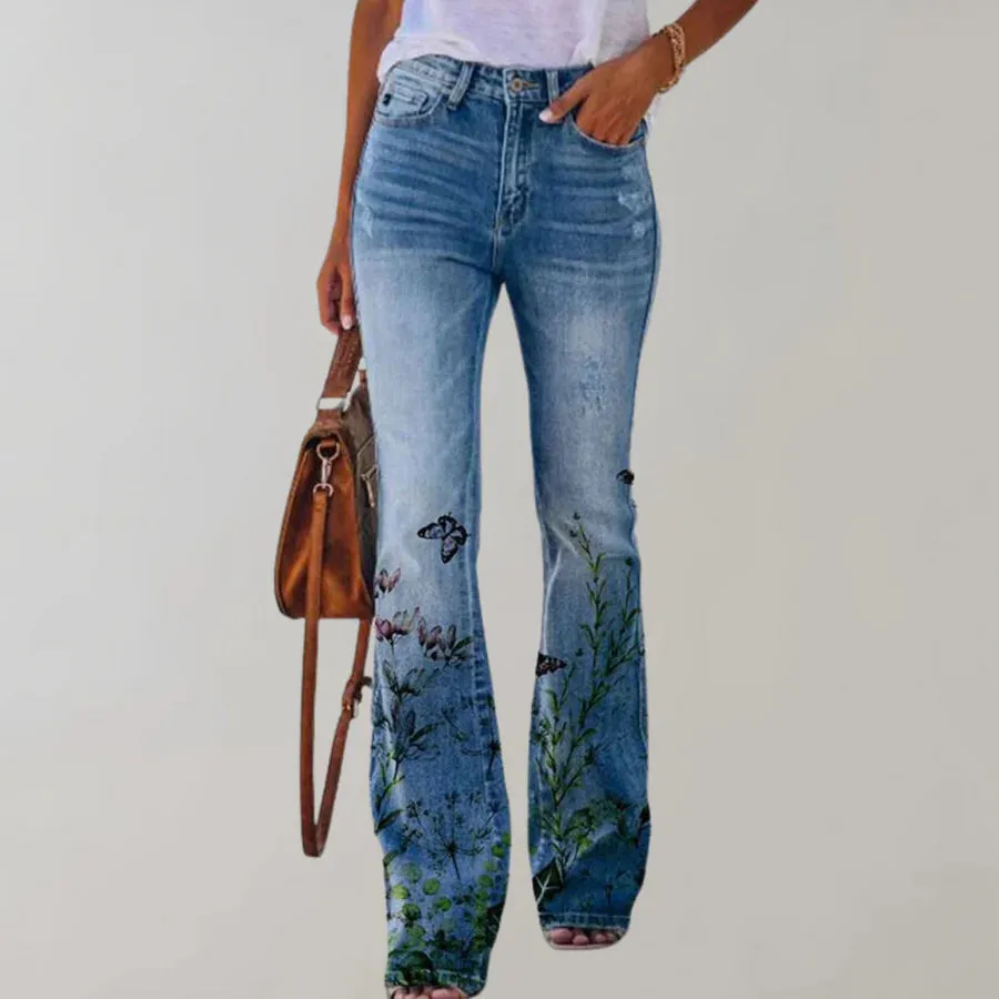 Floral Design Denim Flare Pants for Women
