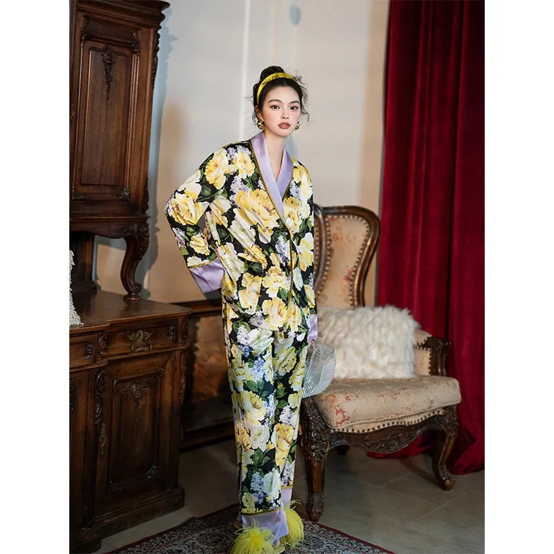 Floral Printed Silk Satin Loungewear