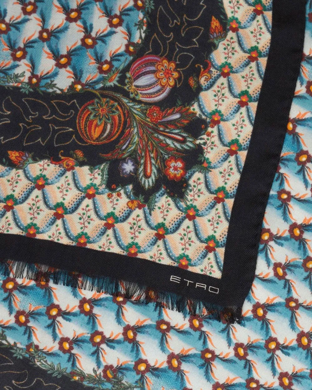 Floral Silk & Cashmere Scarf in Aqua & Black
