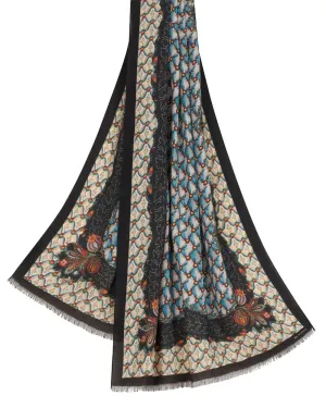 Floral Silk & Cashmere Scarf in Aqua & Black
