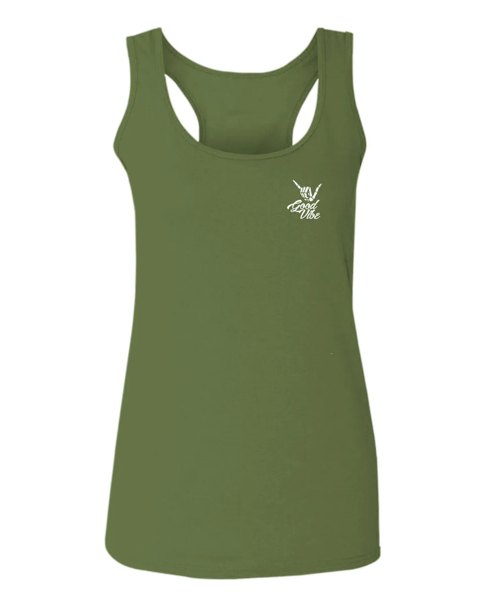 Front and Back Good Vibe Bones Hand Shaka Cool Vintage Hipster Graphic  women's Tank Top sleeveless Racerback