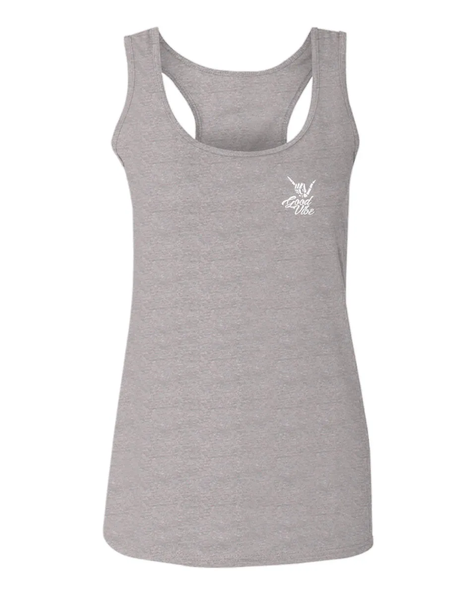 Front and Back Good Vibe Bones Hand Shaka Cool Vintage Hipster Graphic  women's Tank Top sleeveless Racerback