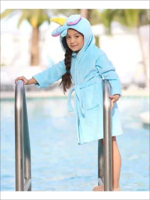 Girls Blue Unicorn Hooded Bathrobe with Horn and Ears