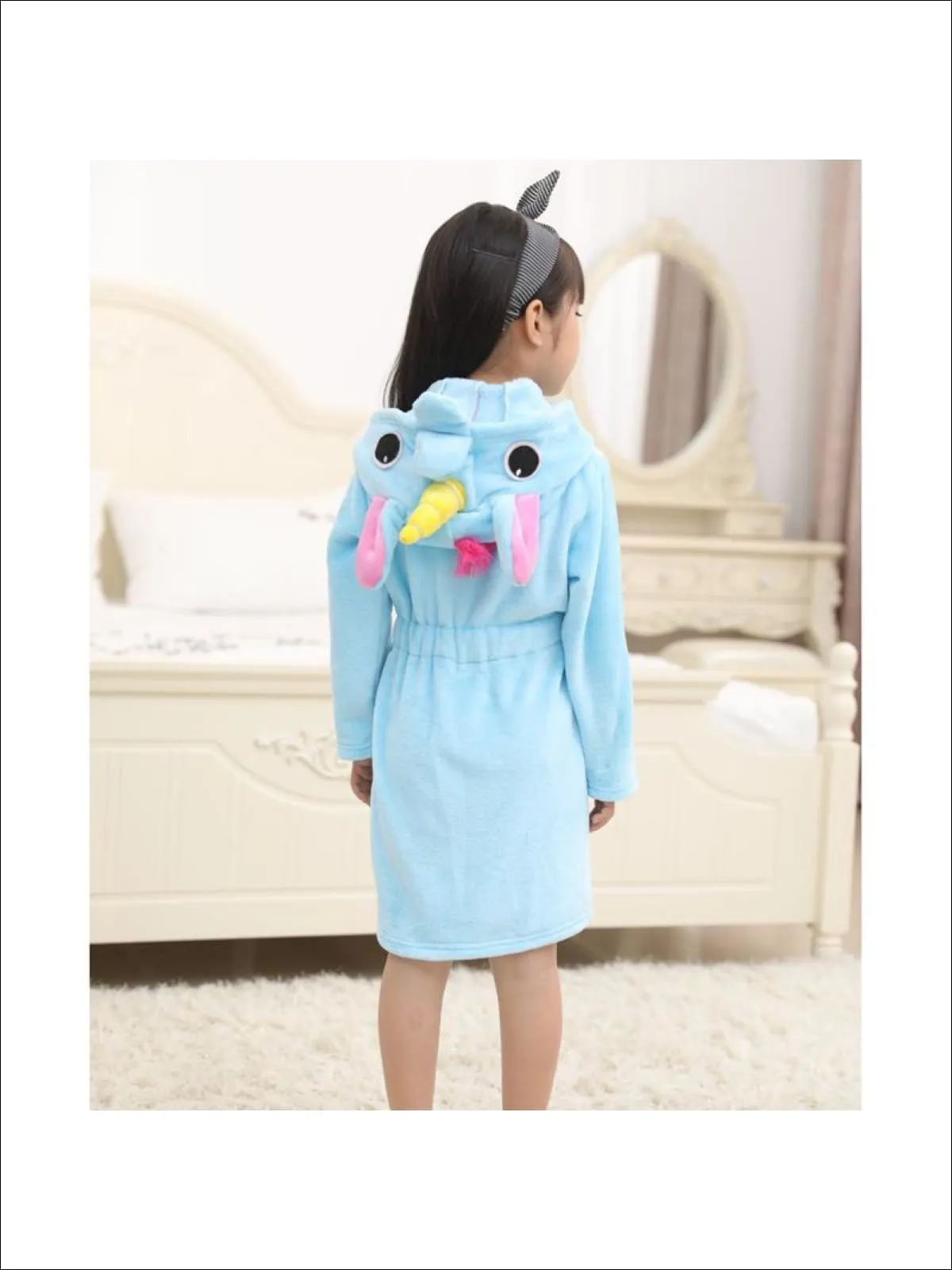 Girls Blue Unicorn Hooded Bathrobe with Horn and Ears