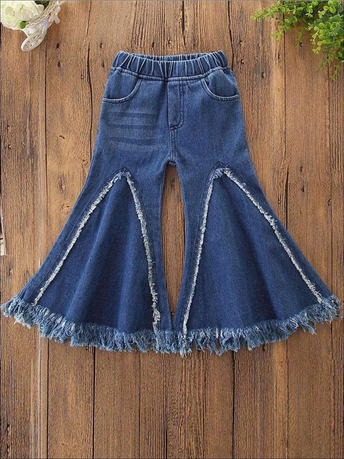 Girls Frayed Hem Cut Out Flare Leg Denims Pants