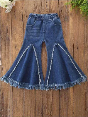 Girls Frayed Hem Cut Out Flare Leg Denims Pants
