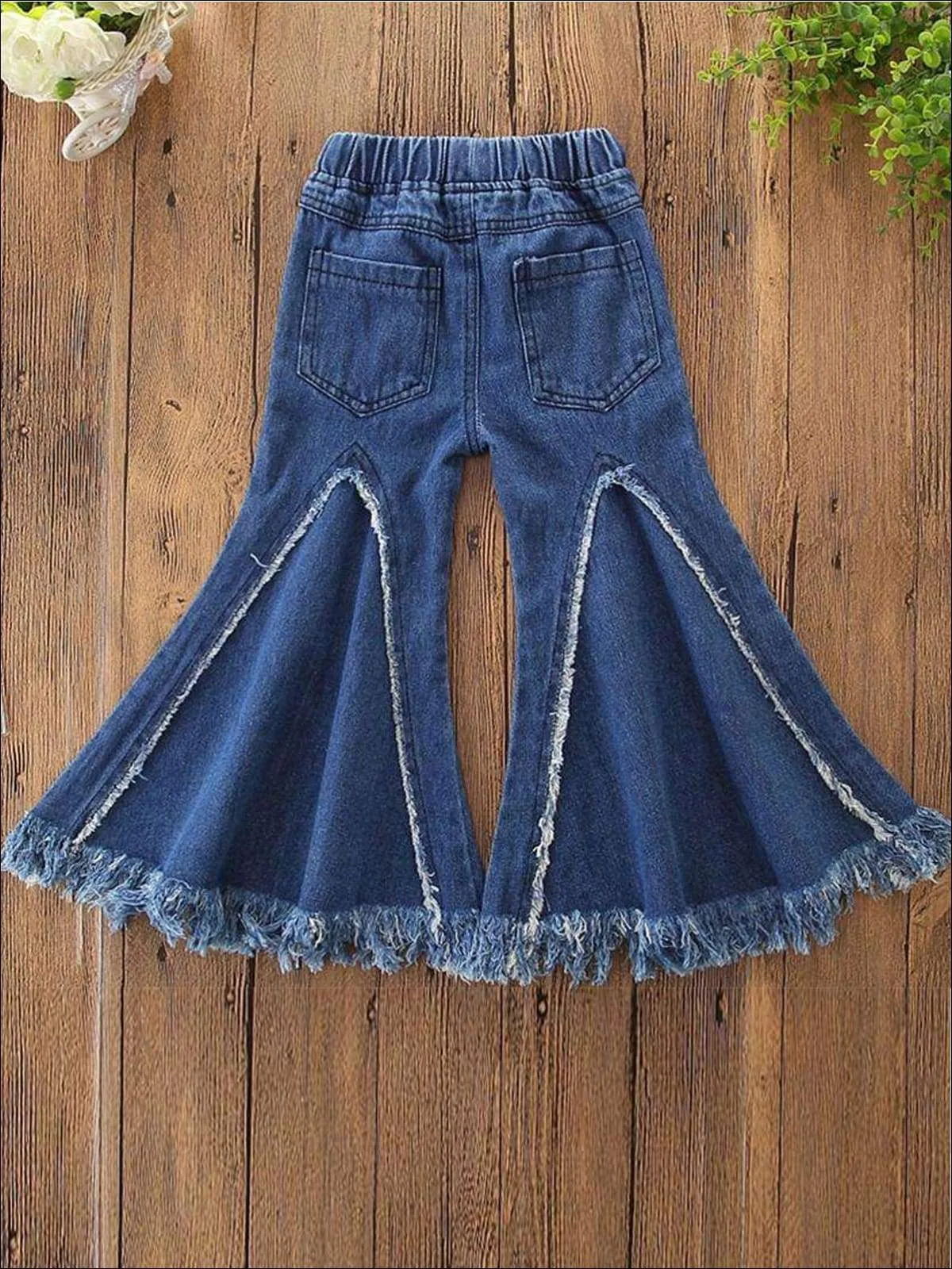 Girls Frayed Hem Cut Out Flare Leg Denims Pants