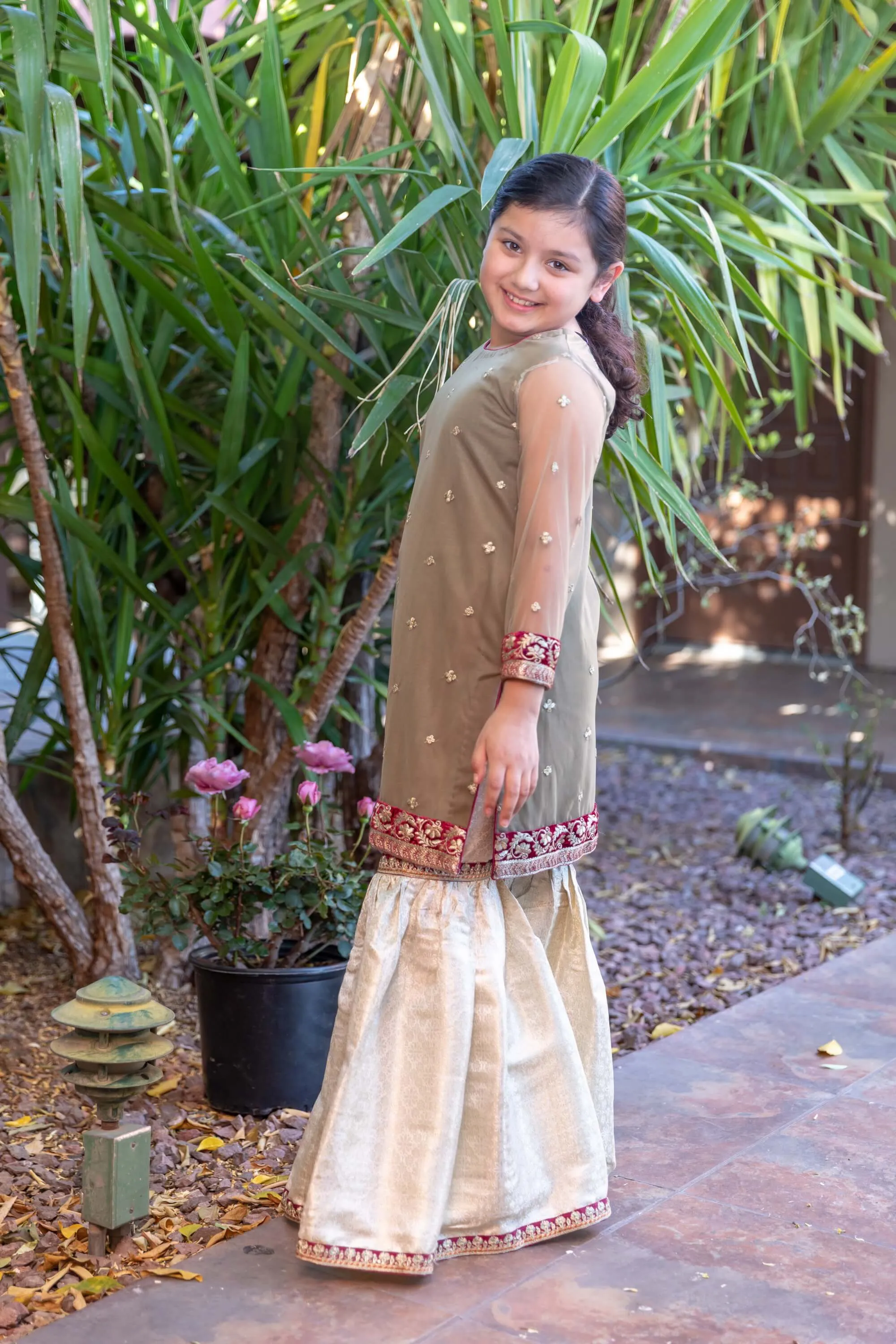 Girl's Net Dress With Silk Pants
