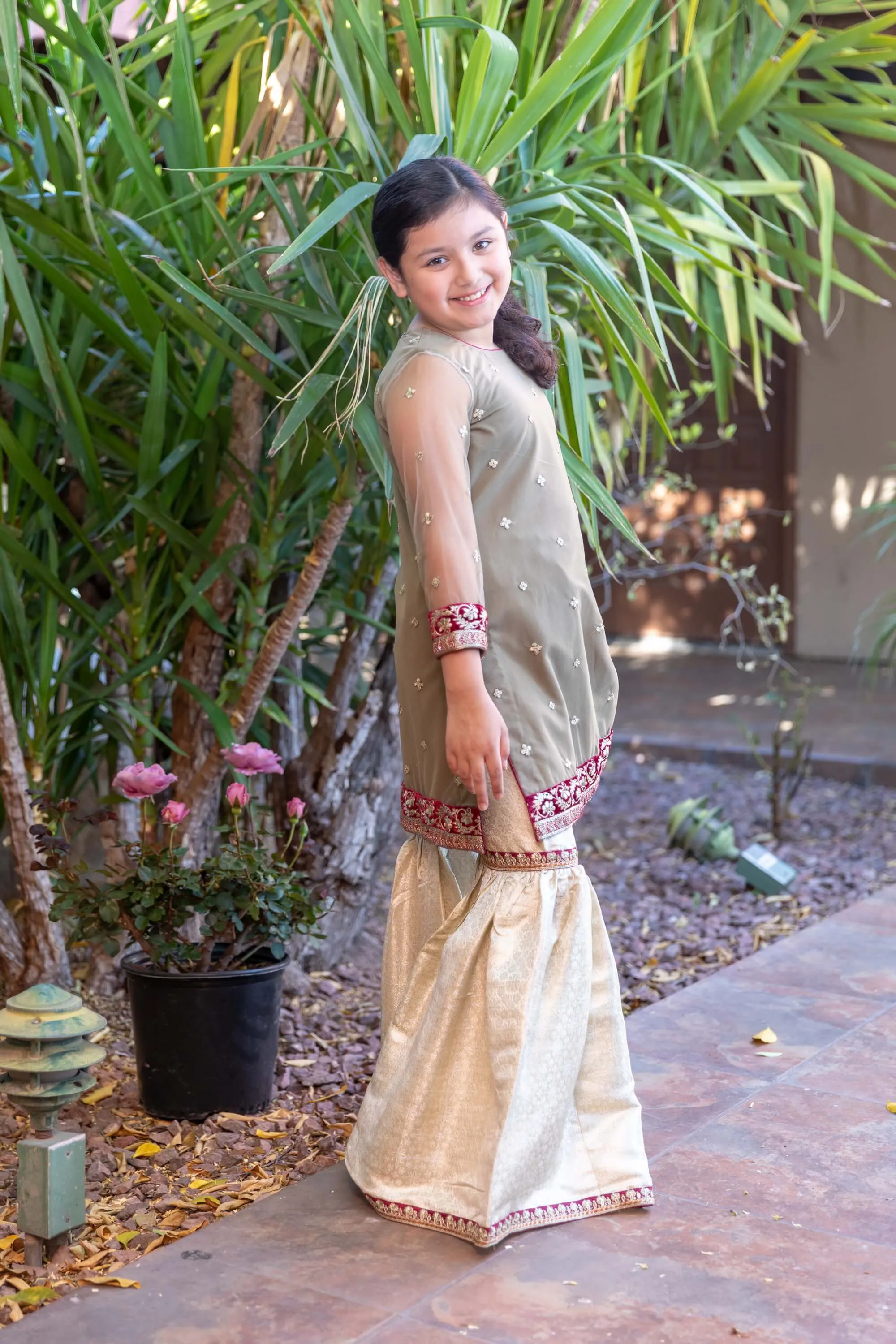 Girl's Net Dress With Silk Pants