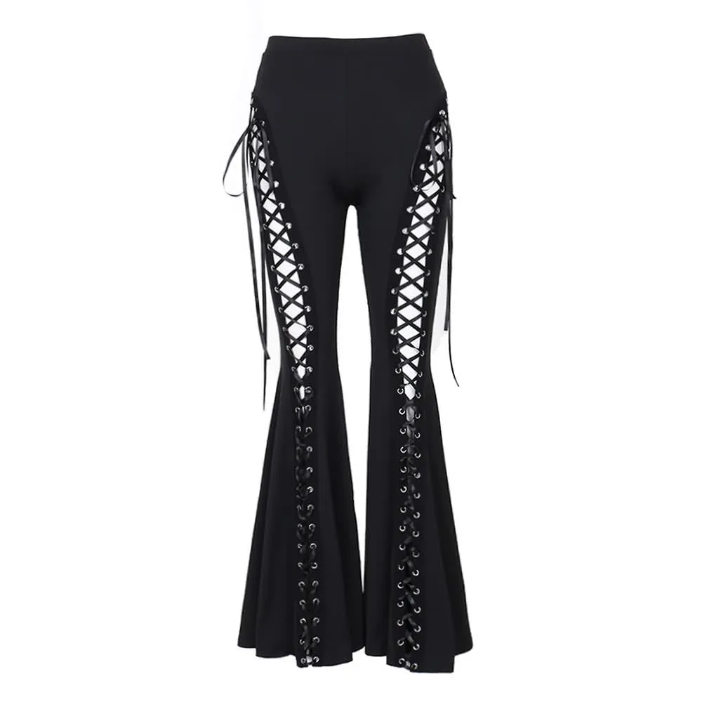 Gothic Lace Up Cut Out Flare Pants