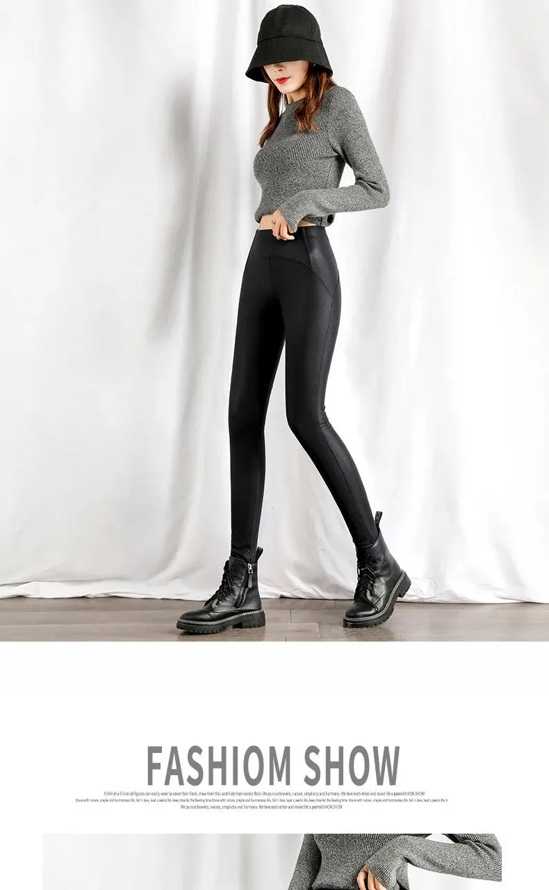 Gothic Velvet Faux Leather Leggings Slim Skinny Pencil Pants