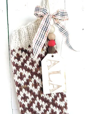 Hand Knit Chunky Carpet Bag Personalized Christmas Stocking - Fair Isle Wool Large - Ready to Ship