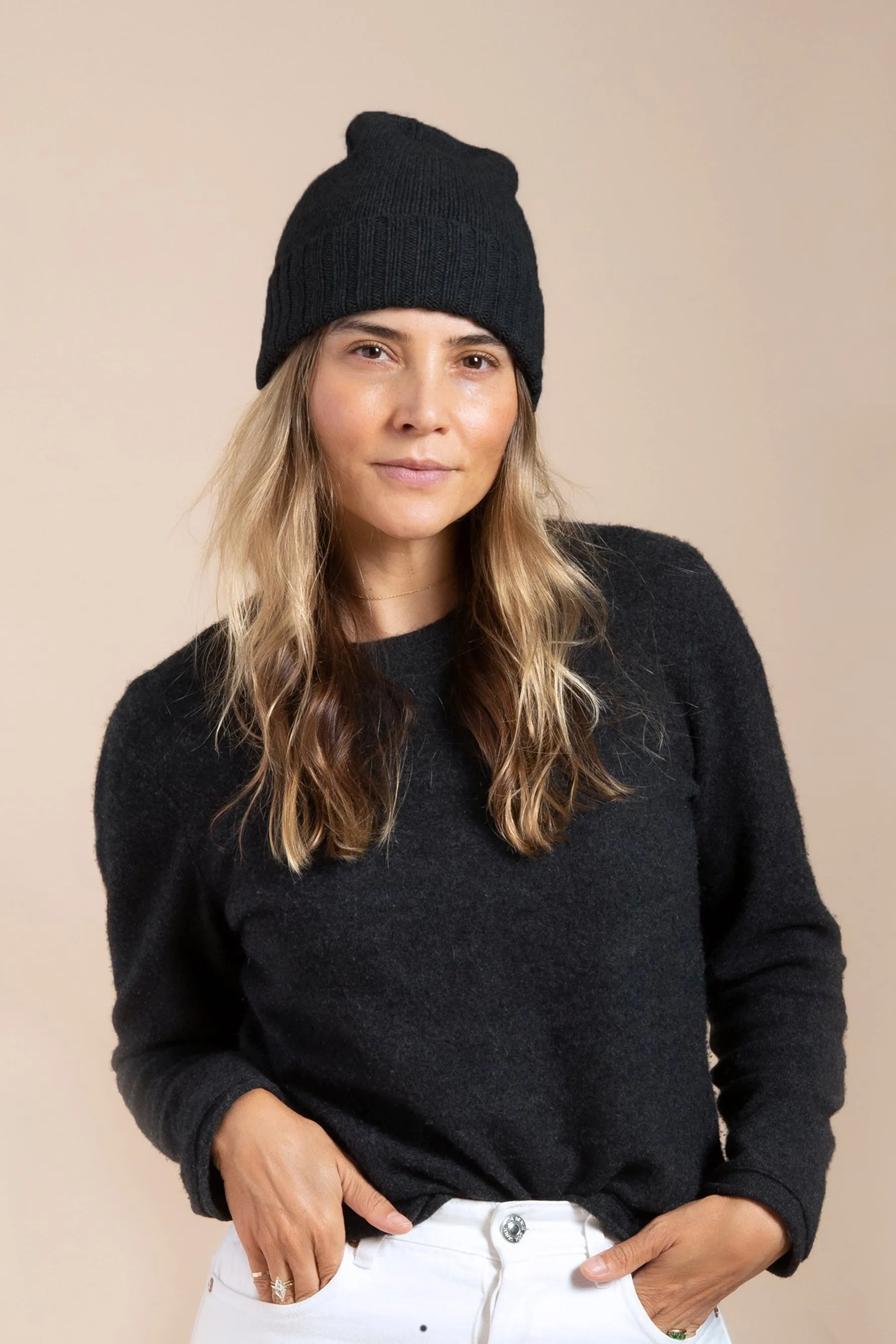 Hat Attack Cashmere Slouchy Cuff Beanie (Black)