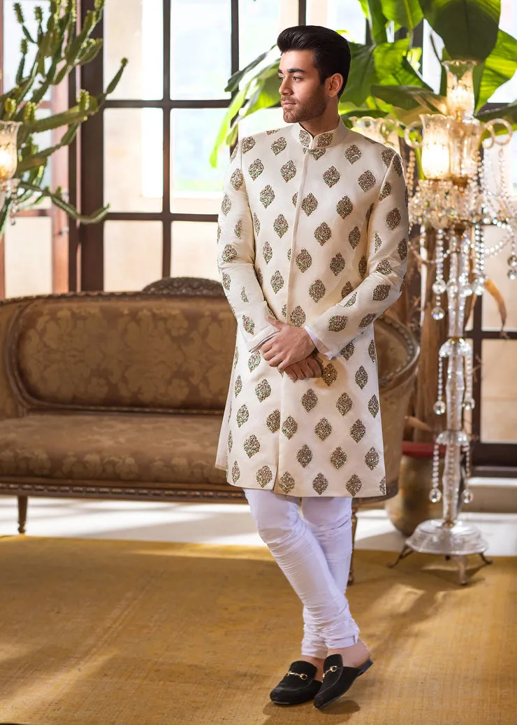 Heavily Embellished Ivory Khaddi Raw Silk Pakistani Groom Sherwani