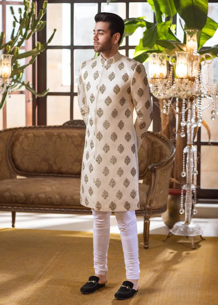 Heavily Embellished Ivory Khaddi Raw Silk Pakistani Groom Sherwani