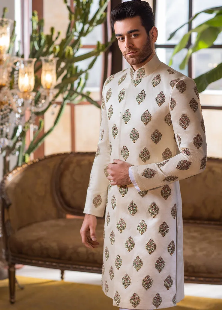 Heavily Embellished Ivory Khaddi Raw Silk Pakistani Groom Sherwani