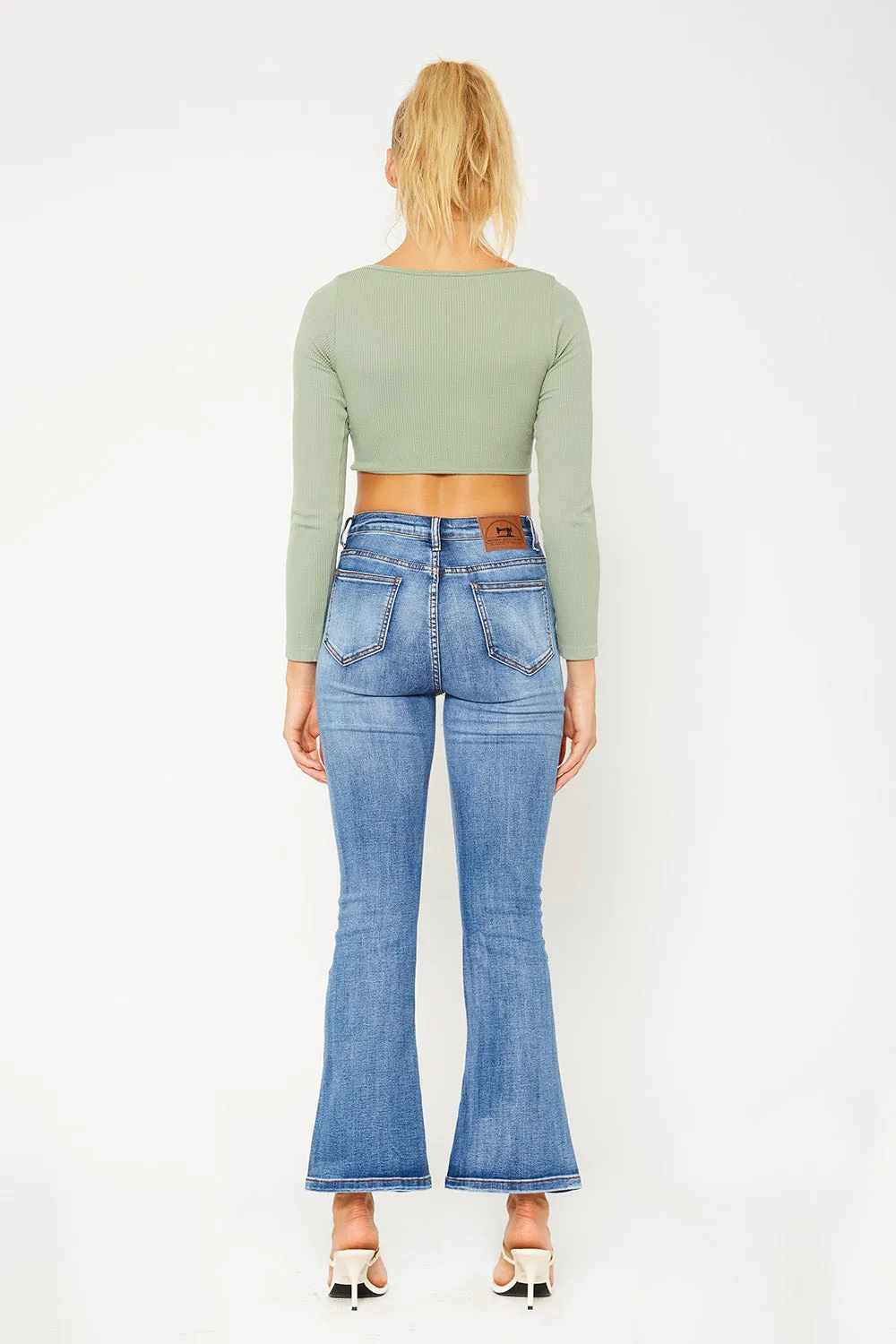 High-rise medium blue flare denim pants
