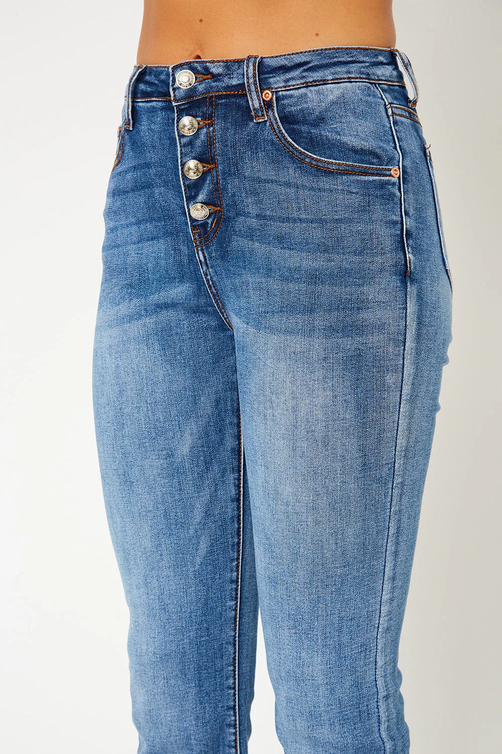 High-rise medium blue flare denim pants