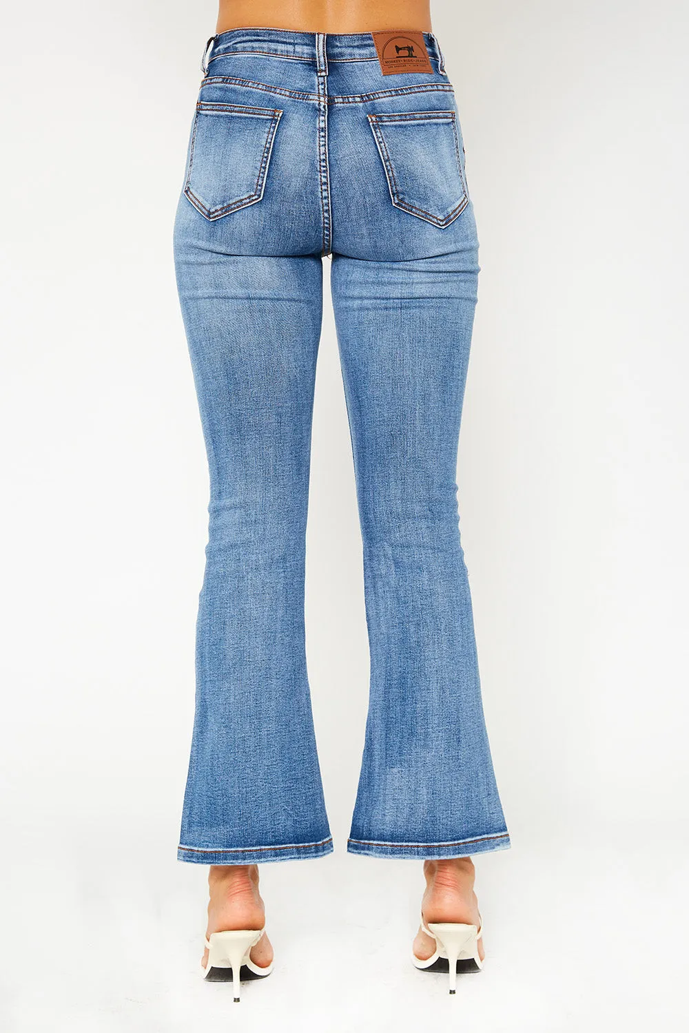 High-rise medium blue flare denim pants